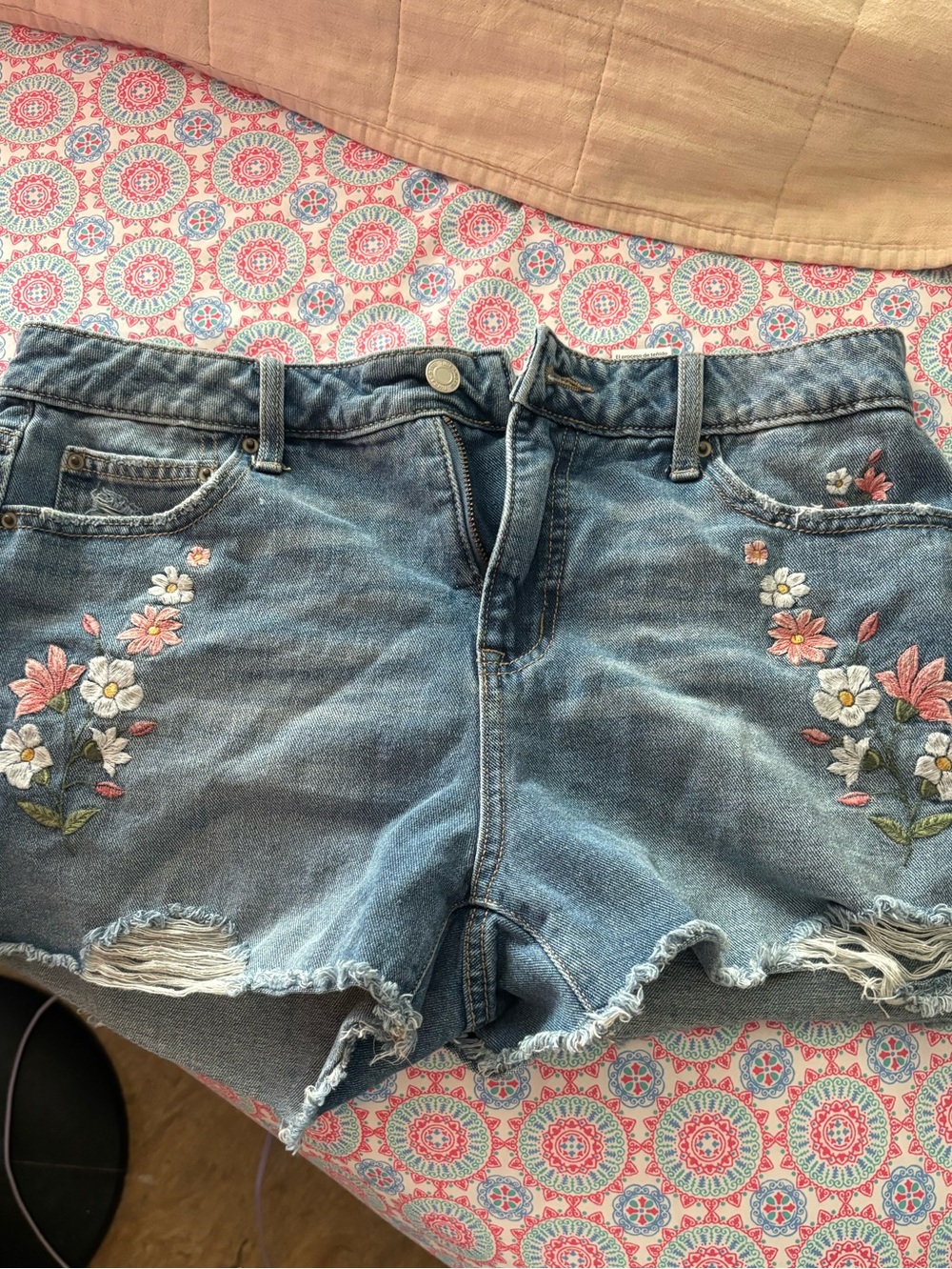 Time and Tru Blue Denim Shorts with Floral Embroidery